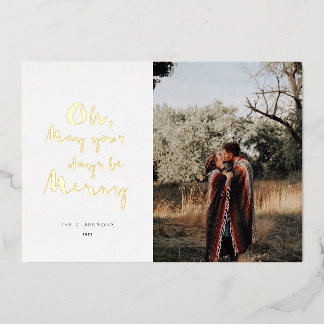 Ink Pen Christmas Carol and Photo Gold Foil Holiday Card (Front)