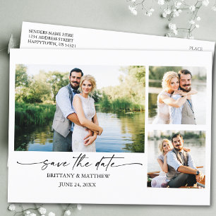 Ink Pen Script Couple 3 Photo Save The Date Postcard
