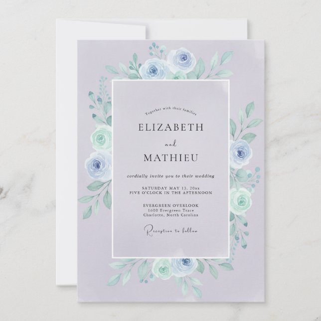 Ink Periwinkle Mint Wreath Wedding Invitation (Front)