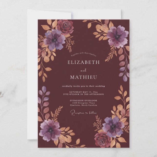 Ink Plum Amber Leafy Wedding Invitation (Front)