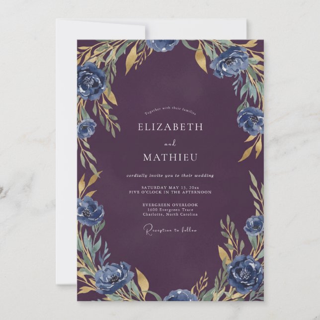 Ink Plum Sapphire Leafy Wedding Invitation (Front)