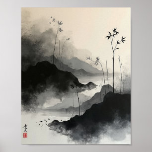 Ink Wash Abstract Wall Art with Sumi-E Strokes