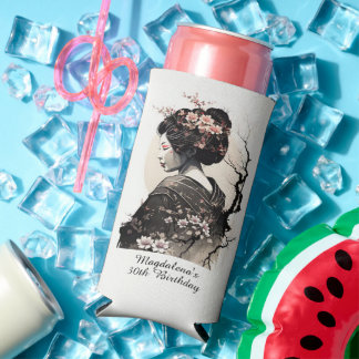 Ink Wash Art Japanese Geisha Birthday -  Seltzer Can Cooler
