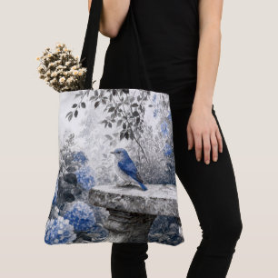 Ink Wash Bluebird On a Stone Garden Bench Tote Bag