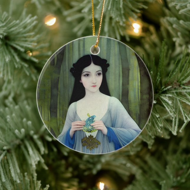 Ink Wash Illustration of Beautiful Woman in Woods Ceramic Ornament (Tree)