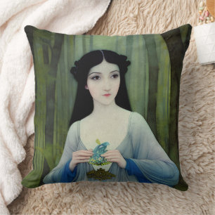 Ink Wash Illustration of Beautiful Woman in Woods Cushion