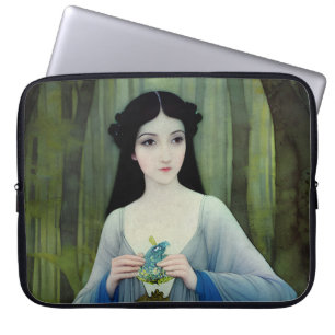 Ink Wash Illustration of Beautiful Woman in Woods Laptop Sleeve