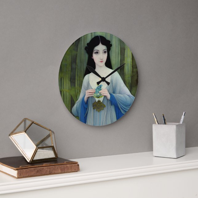 Ink Wash Illustration of Beautiful Woman in Woods Large Clock (Office)