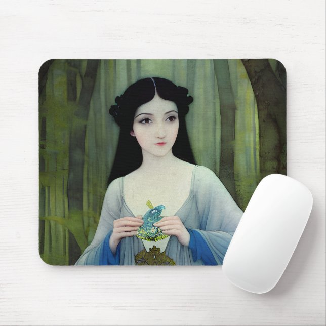 Ink Wash Illustration of Beautiful Woman in Woods Mouse Pad (With Mouse)