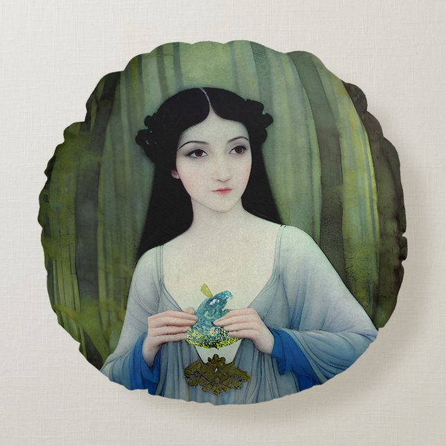 Ink Wash Illustration of Beautiful Woman in Woods Round Cushion (Front)