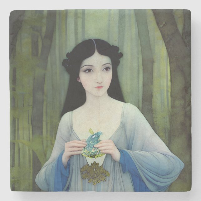 Ink Wash Illustration of Beautiful Woman in Woods Stone Coaster (Front)