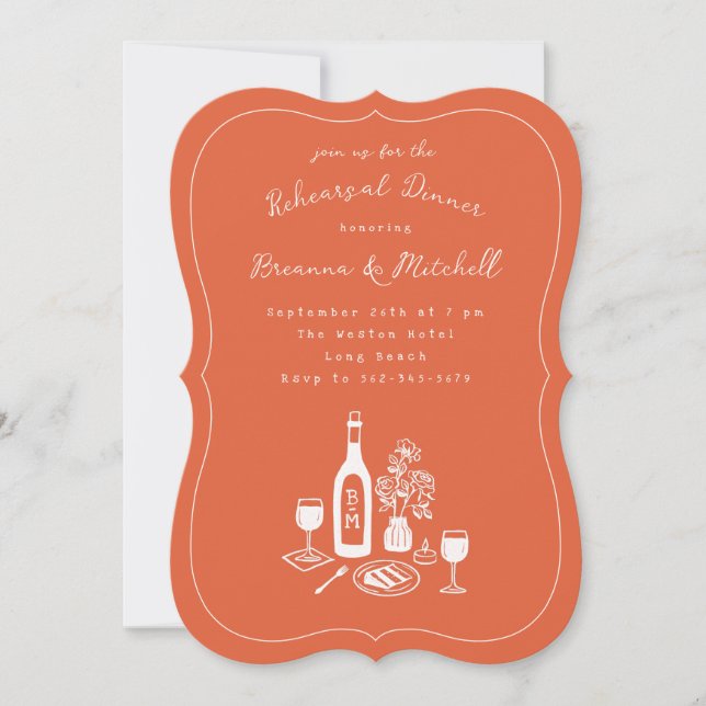 Ink Whimsical Hand Drawn Orange Rehearsal Dinner Invitation (Front)