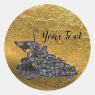 Ink Wine Glass Grapes Gold Background Classic Round Sticker