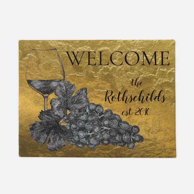 Ink Wine Glass Grapes Gold Background Doormat (Front)