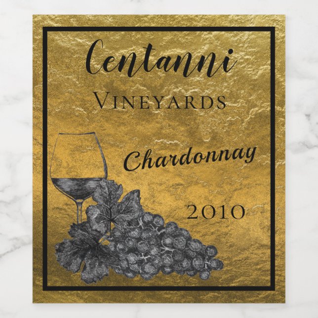 Ink Wine Glass Grapes Gold Background Wine Label (Single Label)