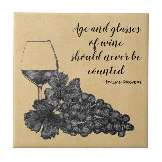 Ink Wine Glass Grapes Old Paper Background Ceramic Tile (Front)