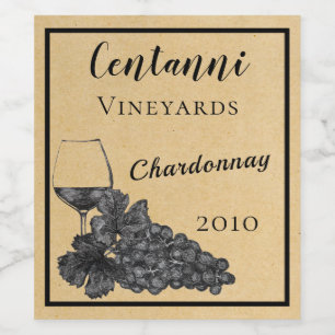 Ink Wine Glass Grapes Old Paper Background Label