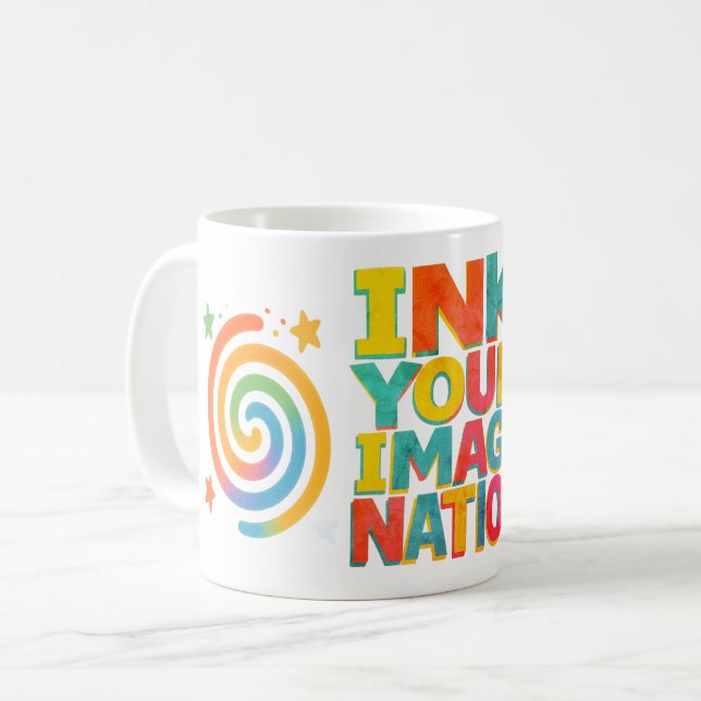"Ink Your Imagination" – CMYK-Inspired Retro Typog Coffee Mug (Front Left)