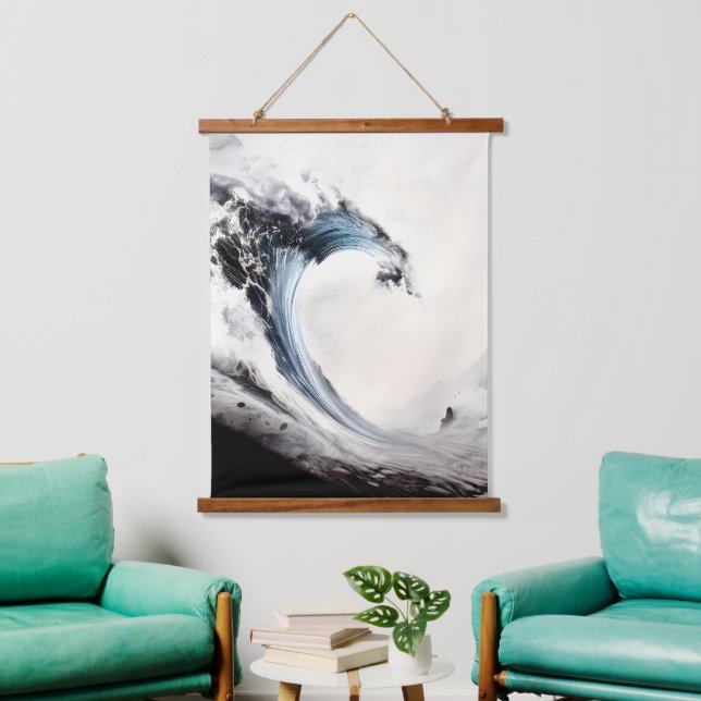 Inked Blue Ocean Wave Hanging Tapestry (Living Room)