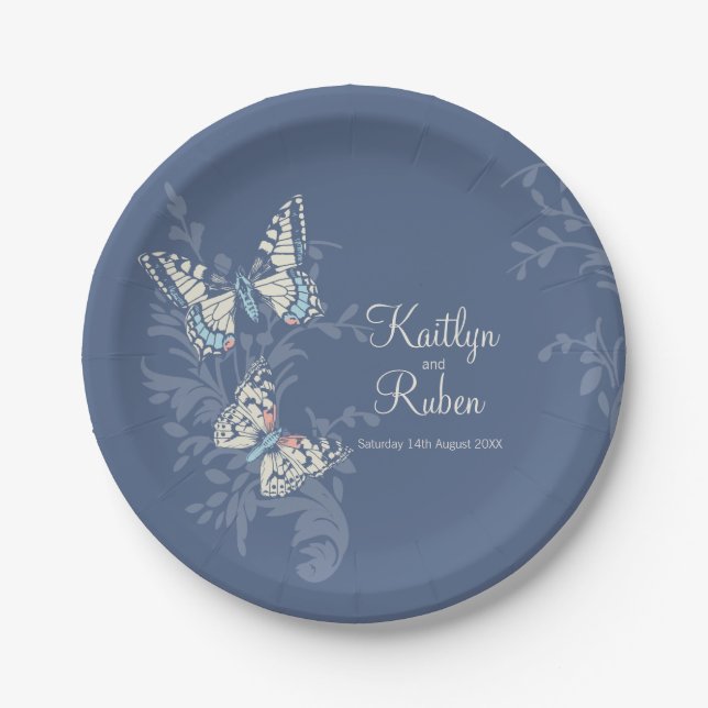 Inked butterflies blue coral ivory art wedding paper plate (Front)