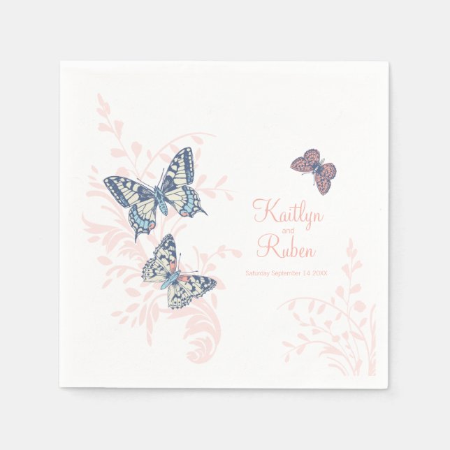 Inked butterflies coral white art wedding  napkin (Front)
