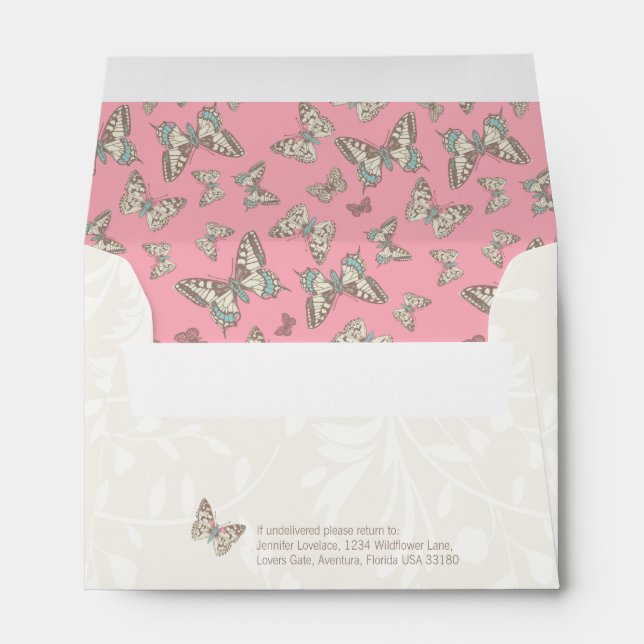 Inked butterflies cream pink wedding envelope (Back (Bottom))