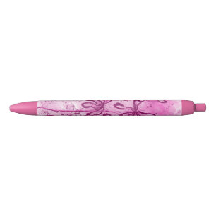Inked Flowers Pink Black Ink Pen