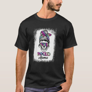 Inked Mama Rainbow Leopard Print Messy Bun Skull M T-Shirt