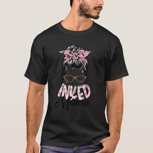 Inked Mama Tattoo  Mum Pink Skull Gothic Messy Bun T-Shirt (Front)