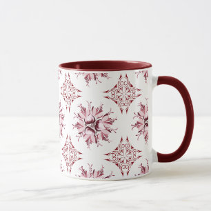 Inky Floral Coffee Mug   Burgundy Maroon and White