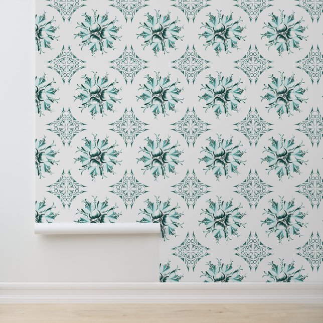 Inky Floral Wallpaper | Teal Green White (Application)