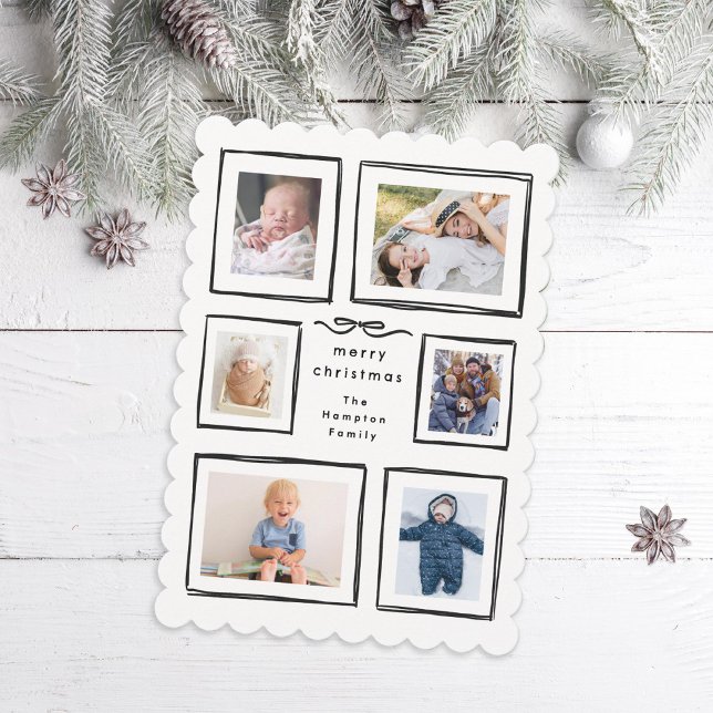Inky Frames BW Bow Merry Christmas Collage Photo Holiday Card (Creator Uploaded)