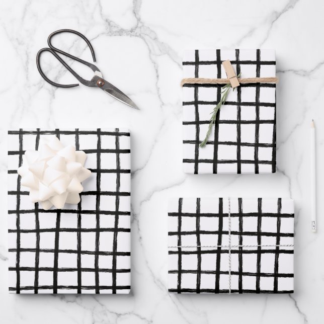 Inky Lines Grid Brushstrokes Simple Minimal B&W Wrapping Paper Sheet (Front)