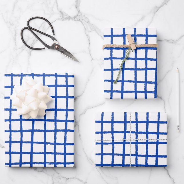 Inky Lines Grid Brushstrokes Simple Minimal Blue Wrapping Paper Sheet (Front)