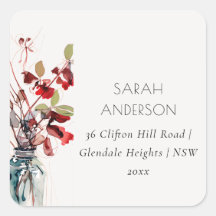 Inky Red Green Vintage Boho Florals Address