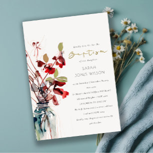 Inky Red Green Vintage Boho Florals Baptism Invitation