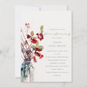 Inky Red Green Vintage Boho Florals Christening Invitation