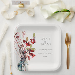 Inky Red Green Vintage Boho Florals Wedding Paper Plate