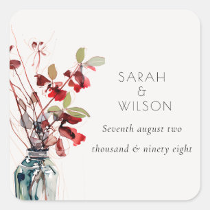 Inky Red Green Vintage Boho Florals Wedding Square Sticker