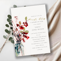 Inky Red Green Vintage Floral First Holy Communion