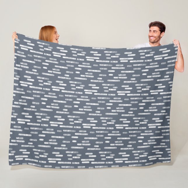 Inky Rounded Lines Pattern | White on Blue Grey Fleece Blanket (In Situ)