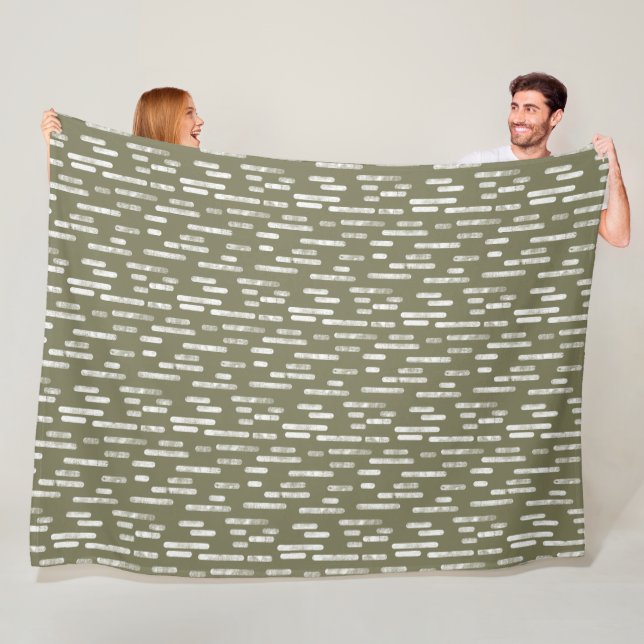 Inky Rounded Lines Pattern | White on Olive Green Fleece Blanket (In Situ)