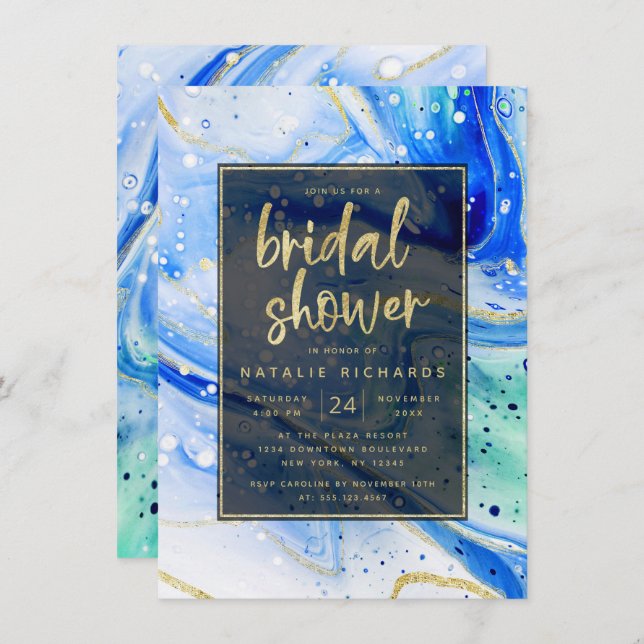 Inky Splash Blue Marble with Gold Bridal Shower Invitation (Front/Back)