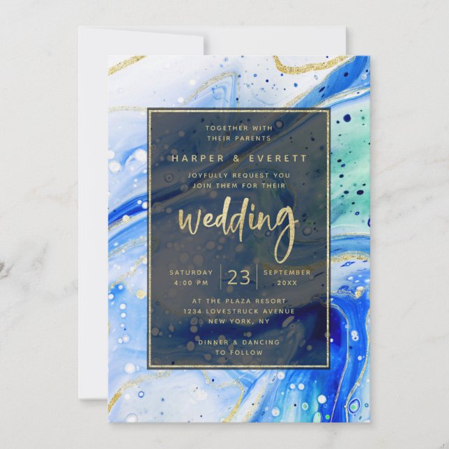 Inky Splash Blue Marble with Gold foil Wedding Invitation (Front)