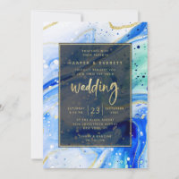 Inky Splash Blue Marble with Gold foil Wedding