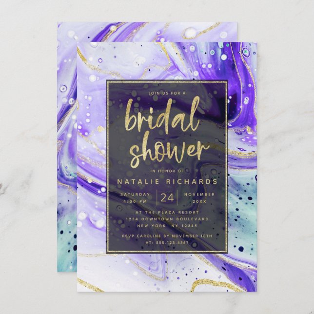 Inky Splash Purple Marble with Gold Bridal Shower Invitation (Front/Back)