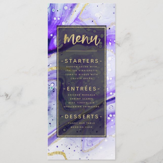 Inky Splash Purple Marble with Gold foil Dinner Menu (Front)