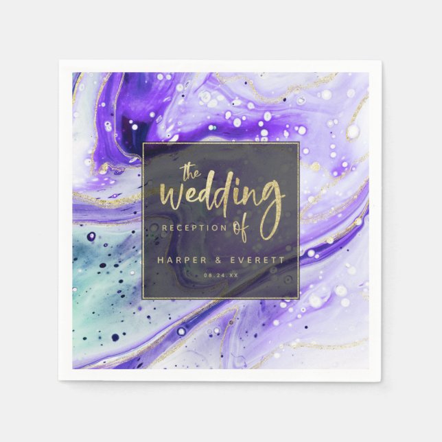 Inky Splash Purple Marble with Gold foil Wedding Napkin (Front)