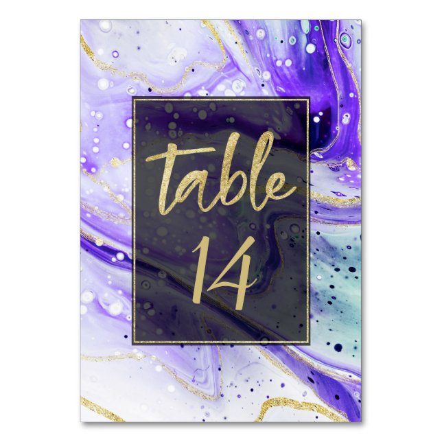 Inky Splash Purple Marble with Gold foil Wedding Table Number (Front)