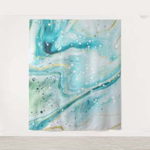 Inky Splash Teal Marble Gold Photo Booth Backdrop Tapestry